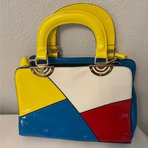 Ashro Blue Yellow Red White Patent Color Block Retro Top Handle Purse. NWOT